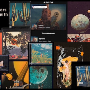 May include: A collage of album covers featuring retro-inspired designs with planets, cacti, and a desert landscape. The text "Album Covers Designed with this pack!" is at the top of the image. The text "Artist's Pick" and "PERCH OUT NOW" is at the top of the image. The text "PERCH" is repeated throughout the image.