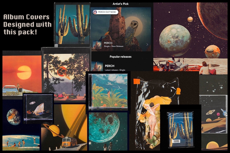 May include: A collage of album covers featuring retro-inspired designs with planets, cacti, and a desert landscape. The text "Album Covers Designed with this pack!" is at the top of the image. The text "Artist's Pick" and "PERCH OUT NOW" is at the top of the image. The text "PERCH" is repeated throughout the image.