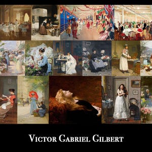 May include: A collage of nine paintings by Victor Gabriel Gilbert, featuring scenes of people in various settings, including a bustling street, a park, and a room with a fireplace. The paintings are in a realistic style and feature muted colors.