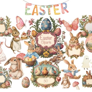 May include: A set of 30 Easter-themed digital clipart images. The images feature bunnies, chicks, eggs, and other spring-themed elements. The images are in a watercolor style and are perfect for creating Easter cards, invitations, and other crafts.