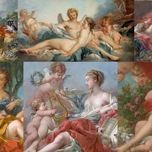 Puede incluir: Una colección de pinturas clásicas que presentan figuras desnudas, querubines y escenas mitológicas. La obra de arte muestra colores suaves, telas fluidas y representaciones detalladas de formas humanas, evocando el romanticismo y el arte clásico.