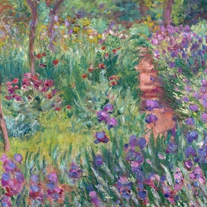 May include: A painting of a garden path lined with purple irises and green foliage. The path leads to a grove of trees in the background.