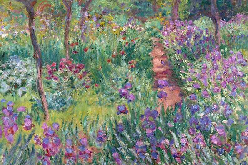 May include: A painting of a garden path lined with purple irises and green foliage. The path leads to a grove of trees in the background.