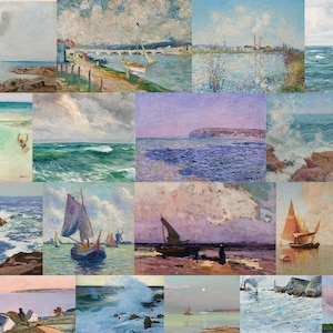 Pastell Meeresbilder, 80+ QUARTE druckbare Kunst Poster, Blaue Meereswellen, rosa, lila, Himmel, Regenbogen, Landschaft, Wolken, kommerzielle Nutzung