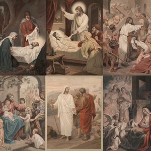 May include: A collection of religious art prints depicting scenes from the Bible. The images feature figures in robes, with various settings including interiors and outdoor landscapes. The color palette is dominated by warm tones.