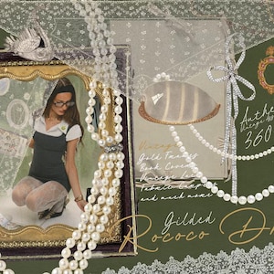 May include: A multi-strand pearl necklace with silver-toned accents, layered over a collage featuring a gold-framed photograph of a person in a dark dress, a white lace veil, a shell, a crystal bow, and text reading Gilded Rococo Dreams and Authentic.
