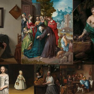 Pode incluir: Uma colagem de nove pinturas que retratam várias cenas, incluindo um homem escrevendo em uma mesa, um grupo de pessoas reunidas em torno de uma mulher, uma mulher sentada em uma rocha com um cachorro e um grupo de pessoas em uma taverna.