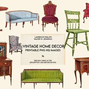 May include: A collection of vintage home decor items, including a green striped sofa, a green chair with floral accents, a red sofa, a red armchair, a blue armchair, a wooden table with a round top, a wooden cabinet with glass doors, and a wooden chest of drawers.  LAWRENCE PHILLIPS WALTER W. JENNINGS VINTAGE HOME DECOR PRINTABLE PNG HQ IMAGES 74 PREVIEW 1 PRINT IN THE DESCRIPTION BOX BEFORE BUYING