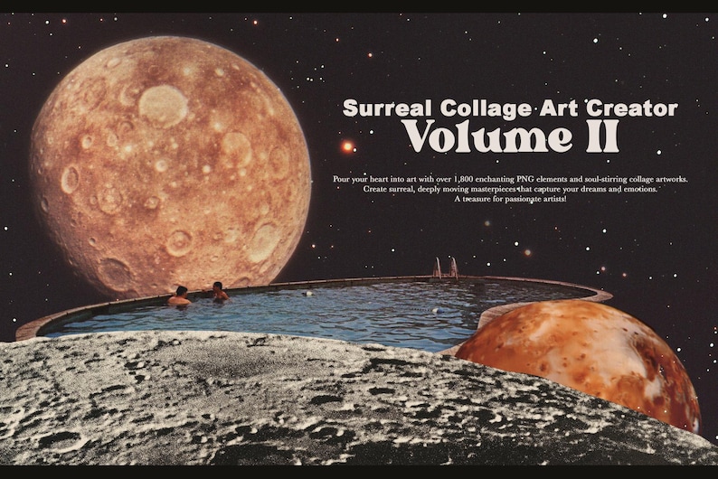 May include: Surreal Collage Art Creator Volume II digital art pack with over 1,800 enchanting PNG elements and soul-stirring collage artworks. Create surreal, deeply moving masterpieces that capture your dreams and emotions. A treasure for passionate artists!