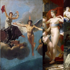Puede incluir: Un collage de nueve pinturas que representan diversas escenas mitológicas. Las pinturas presentan figuras como ángeles alados, diosas y un centauro. Las pinturas son de estilo clásico y presentan una variedad de colores, incluyendo oro, azul y rojo.