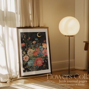 K&ouml;nnte beinhalten: Ein gerahmter Druck eines bunten Blumen-Collages mit einer Sichelmond und Sternen auf schwarzem Hintergrund. Der Druck ist in einem goldenen Rahmen und h&auml;ngt an einer Wand. Der Text "Flowers Collage" und "Junk journal pages" befindet sich unter dem Druck.