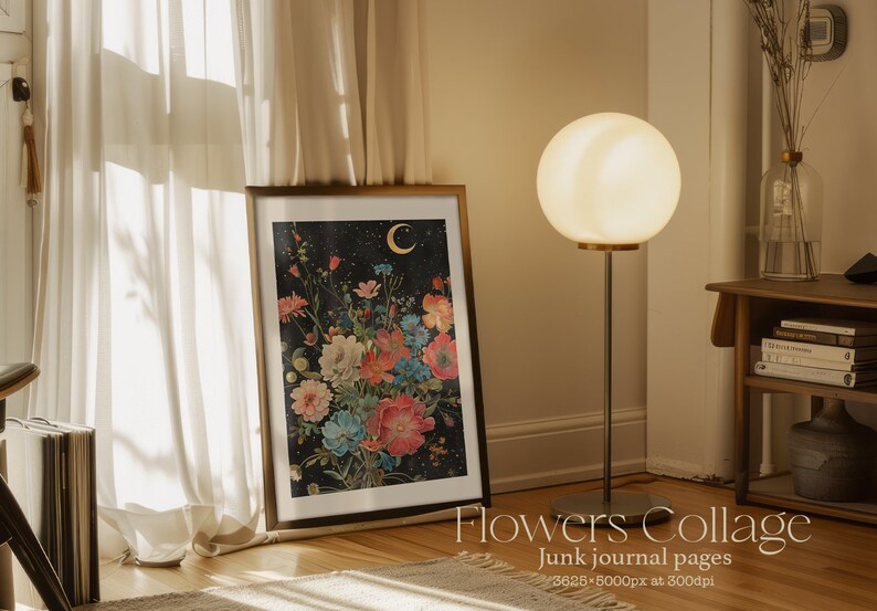 K&ouml;nnte beinhalten: Ein gerahmter Druck eines bunten Blumen-Collages mit einer Sichelmond und Sternen auf schwarzem Hintergrund. Der Druck ist in einem goldenen Rahmen und h&auml;ngt an einer Wand. Der Text "Flowers Collage" und "Junk journal pages" befindet sich unter dem Druck.