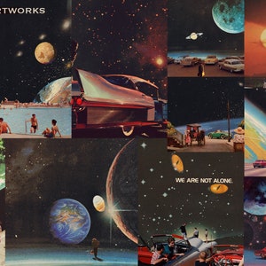 May include: A collage of images featuring planets, stars, cars, and people. The text "We are not alone" is visible in the center of the collage.