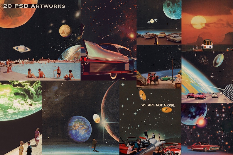 May include: A collage of images featuring planets, stars, cars, and people. The text "We are not alone" is visible in the center of the collage.