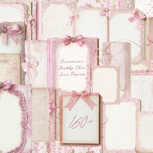 May include: A collection of 160+ vintage shabby chic lace paper backgrounds in pink and white. The papers feature delicate lace designs and floral patterns.