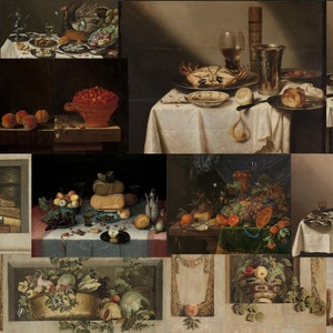 Puede incluir: Un collage de diez pinturas de bodegones que presentan varios artículos de comida, incluyendo fruta, mariscos, pan y queso. Las pinturas están dispuestas en un patrón de cuadrícula y todas están sobre un fondo neutro.