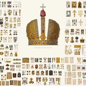 Könnte beinhalten: Eine detaillierte Illustration einer goldenen Krone mit roten und weißen Edelsteinen. Die Krone ist umgeben von einem Raster kleinerer Illustrationen verschiedener religiöser Artefakte, darunter Kreuze, Ikonen und Kelche.