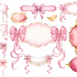 12 Rosa verzierte Clipart, Kokette, Aquarelle Etiketten, Weiches Pastell Rosa, Niedlich, Viktorianisch, Schleifen, Hochzeitseinladung, Vintage-Wappen Rahmen, DIY Kit