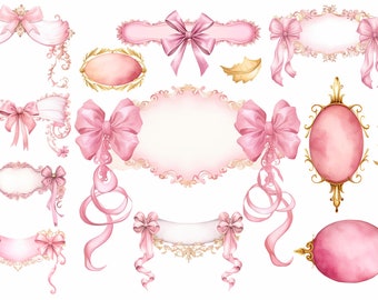 Puede incluir: Un conjunto de 10 ilustraciones de acuarela de marcos ornamentados de color rosa y dorado con lazos. Los marcos son perfectos para agregar un toque de elegancia a cualquier proyecto.