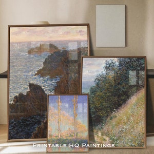 May include: Four framed paintings with different landscapes. The top left painting shows a seascape with a rocky coastline and a pink sky. The top right painting shows a forest scene with a path leading through the trees. The bottom left painting shows a field of trees with a blue sky. The bottom right painting shows a field of flowers with a blue sky. The paintings are all in gold frames and are arranged on a table with the text "Printable HQ Paintings" below them.