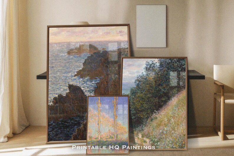 May include: Four framed paintings with different landscapes. The top left painting shows a seascape with a rocky coastline and a pink sky. The top right painting shows a forest scene with a path leading through the trees. The bottom left painting shows a field of trees with a blue sky. The bottom right painting shows a field of flowers with a blue sky. The paintings are all in gold frames and are arranged on a table with the text "Printable HQ Paintings" below them.