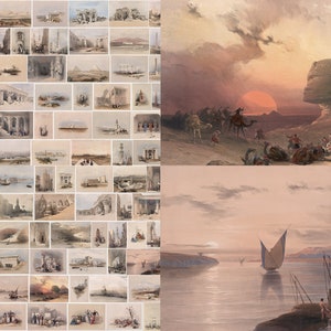 Puede incluir: Una pintura de acuarela vintage que representa escenas de Egipto. La imagen superior derecha muestra la Esfinge y las pirámides al atardecer. La imagen inferior derecha muestra un velero en el río Nilo. El lado izquierdo de la pintura es un collage de imágenes más pequeñas de arquitectura egipcia, paisajes y personas.