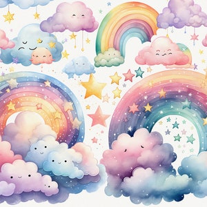 Nuvens de arco-íris, conjunto de clipart de aquarela, cores pastel, fofo, bebê, clipart de clima, clipart de arco-íris, Kawaii, arte infantil, uso comercial