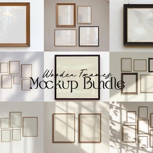 May include: A mockup bundle of 12 different wooden picture frames in various sizes and styles. The frames are arranged in a grid pattern on a white background. The frames are all empty, ready for your photos or artwork.