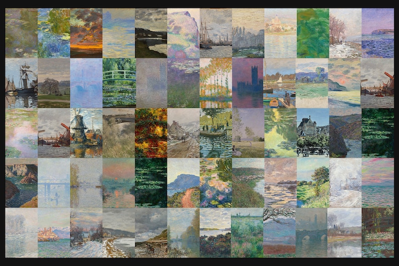May include: A collage of 36 paintings by Claude Monet, featuring various water scenes with bridges, boats, trees, and water lilies. The paintings are in a variety of colors, including blue, green, yellow, and orange.