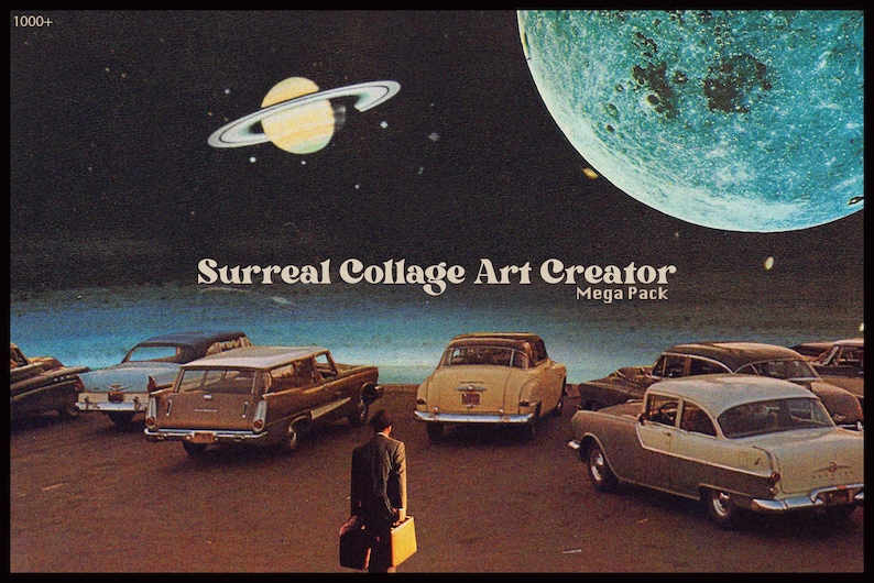 May include: Surreal Collage Art Creator Mega Pack, a digital art pack with a retro aesthetic. The image features a collage of vintage cars, a man in a suit, a planet, and a ringed planet in a dark sky.