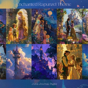 Verzaubertes Rapunzel Thema Junk Journal Seiten, Kinder Wand Kunst, Mädchen Grußkarte, Fantasy Prinzessin Magisch Scrapbooking, druckbare Bilder