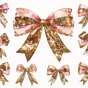 May include: Ten pink and gold sequined bows. The bows are made of a soft, shimmery fabric and are perfect for adding a touch of elegance to any occasion.