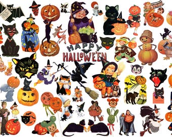100+ Vintage Halloween Clipart Bundle, Rare Prints, Black Cats, Witches, kids, Pumpkin, Retro Ghost, Scrapbooking Printable, Commercial Use
