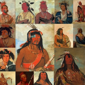 May include: A collage of 16 paintings depicting Native American individuals in traditional clothing and headdresses. The paintings are in a variety of styles and feature a range of colors, including red, blue, green, and brown.