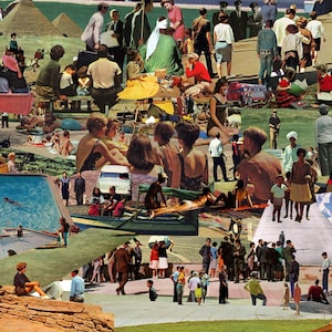 May include: A collage of images featuring people in various settings, including a swimming pool, a beach, and a city street. The collage is made up of different photographs that have been cut out and pasted together. The people in the collage are all wearing different clothes and are engaged in a variety of activities.