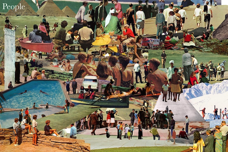 May include: A collage of images featuring people in various settings, including a swimming pool, a beach, and a city street. The collage is made up of different photographs that have been cut out and pasted together. The people in the collage are all wearing different clothes and are engaged in a variety of activities.