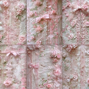 Strony dziennika śmieci Coquette, wzór różowej koronki, dziewczęcy papier do scrapbookingu, tło historii na Instagramie, wydrukowane ephemera w stylu shabby chic
