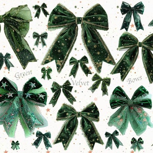 30+ Green Velvet Bows, PNG Clipart, Damask Christmas Present, Xmas Gift Clip Art, Scrapbooking, Canva Elements, Ephemera, Junk Journals