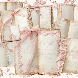 Coquette Junk Journal Pages II, 15 afdrukbaar, hoofdkantoor, scrapbooking, kant, roze, dagboekpapier, shabby chic, kaarten maken roze ephemera