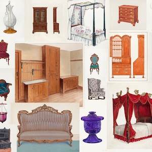 Könnte beinhalten: Eine Sammlung von antiken Möbelillustrationen, darunter ein rotes Samtsofa, ein Holzschränk, ein Himmelbett mit roten Samtvorhängen und eine Auswahl an Stühlen.