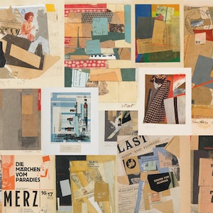 K&ouml;nnte beinhalten: Eine Collage aus verschiedenen Texturen und Farben, darunter Papier, Stoff und Fotografien. Die Collage zeigt verschiedene Bilder, darunter einen Mann im Anzug, ein Geb&auml;ude und einen Vogel. Der Text "MERZ 16 17" ist in der linken unteren Ecke sichtbar.