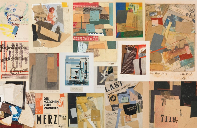 K&ouml;nnte beinhalten: Eine Collage aus verschiedenen Texturen und Farben, darunter Papier, Stoff und Fotografien. Die Collage zeigt verschiedene Bilder, darunter einen Mann im Anzug, ein Geb&auml;ude und einen Vogel. Der Text "MERZ 16 17" ist in der linken unteren Ecke sichtbar.