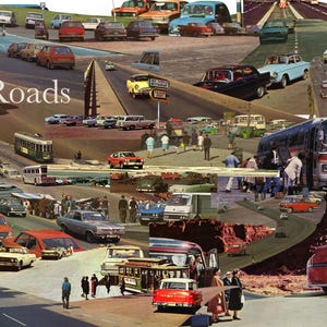 May include: A collage of images depicting various roads and vehicles, including cars, buses, and a streetcar. The word "Roads" is written in white text on a light blue background in the center of the image.
