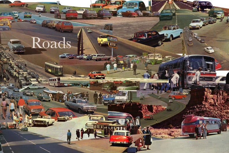 May include: A collage of images depicting various roads and vehicles, including cars, buses, and a streetcar. The word "Roads" is written in white text on a light blue background in the center of the image.