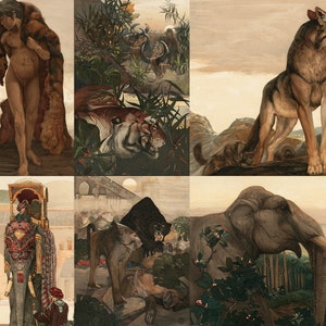 May include: A collage of six images depicting various animals in different settings. The top left image shows a person wearing a fur cloak standing next to a wolf. The top middle image shows a tiger in a jungle setting. The top right image shows a wolf standing on a rock. The bottom left image shows a person in a traditional outfit standing next to an elephant. The bottom middle image shows a lion attacking a deer. The bottom right image shows an elephant in a forest setting.