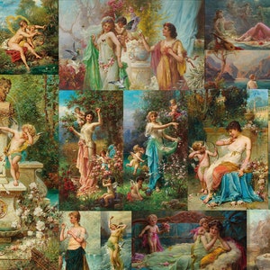 Puede incluir: Un collage de pinturas que representan mujeres en diversos entornos, a menudo rodeadas de flores y querubines. Las mujeres visten túnicas fluidas y tienen el pelo largo y suelto. Las pinturas están ambientadas en exuberantes jardines y bosques, y los colores son brillantes y vibrantes.