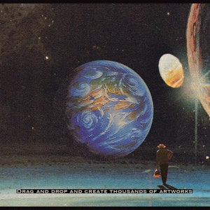 May include: A digital art collage featuring a blue and green planet, a smaller orange planet, and a lone figure in a brown hat and jacket standing on a white surface. The text "DRAG AND DROP AND CREATE THOUSANDS OF ARTWORKS" is at the bottom of the image.