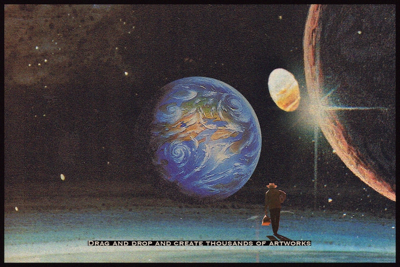 May include: A digital art collage featuring a blue and green planet, a smaller orange planet, and a lone figure in a brown hat and jacket standing on a white surface. The text "DRAG AND DROP AND CREATE THOUSANDS OF ARTWORKS" is at the bottom of the image.