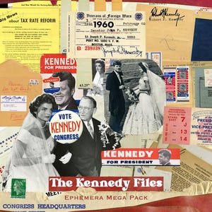 May include: A collage of historical ephemera featuring images of John F. Kennedy, campaign materials, and documents. Includes a wedding photo, campaign buttons, and tickets. The text "The Kennedy Files" is visible.