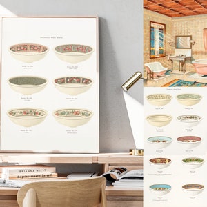 May include: A vintage advertisement for bathroom fixtures featuring a pink bath and a white sink with a decorative floral pattern. The ad also includes a chart of different sink designs with various floral patterns.